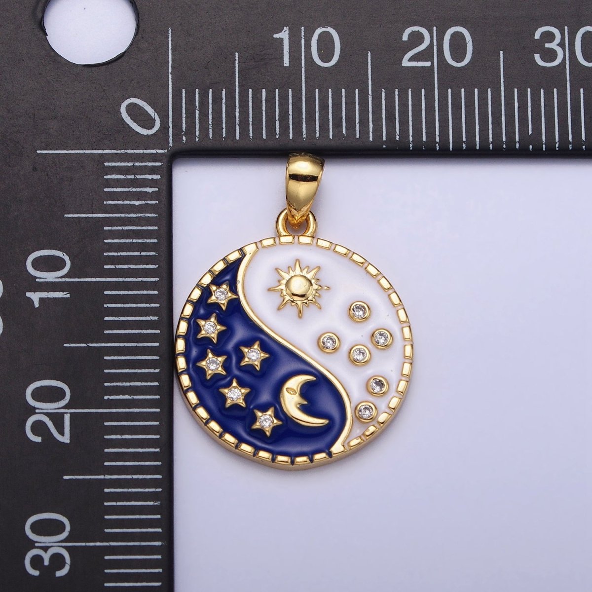16K Gold Filled Celestial Yin Yang CZ Star White Sun Blue Moon Enamel Pendant in Gold & Silver | AA533 AA534 - DLUXCA