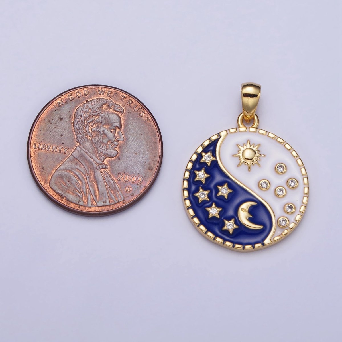 16K Gold Filled Celestial Yin Yang CZ Star White Sun Blue Moon Enamel Pendant in Gold & Silver | AA533 AA534 - DLUXCA