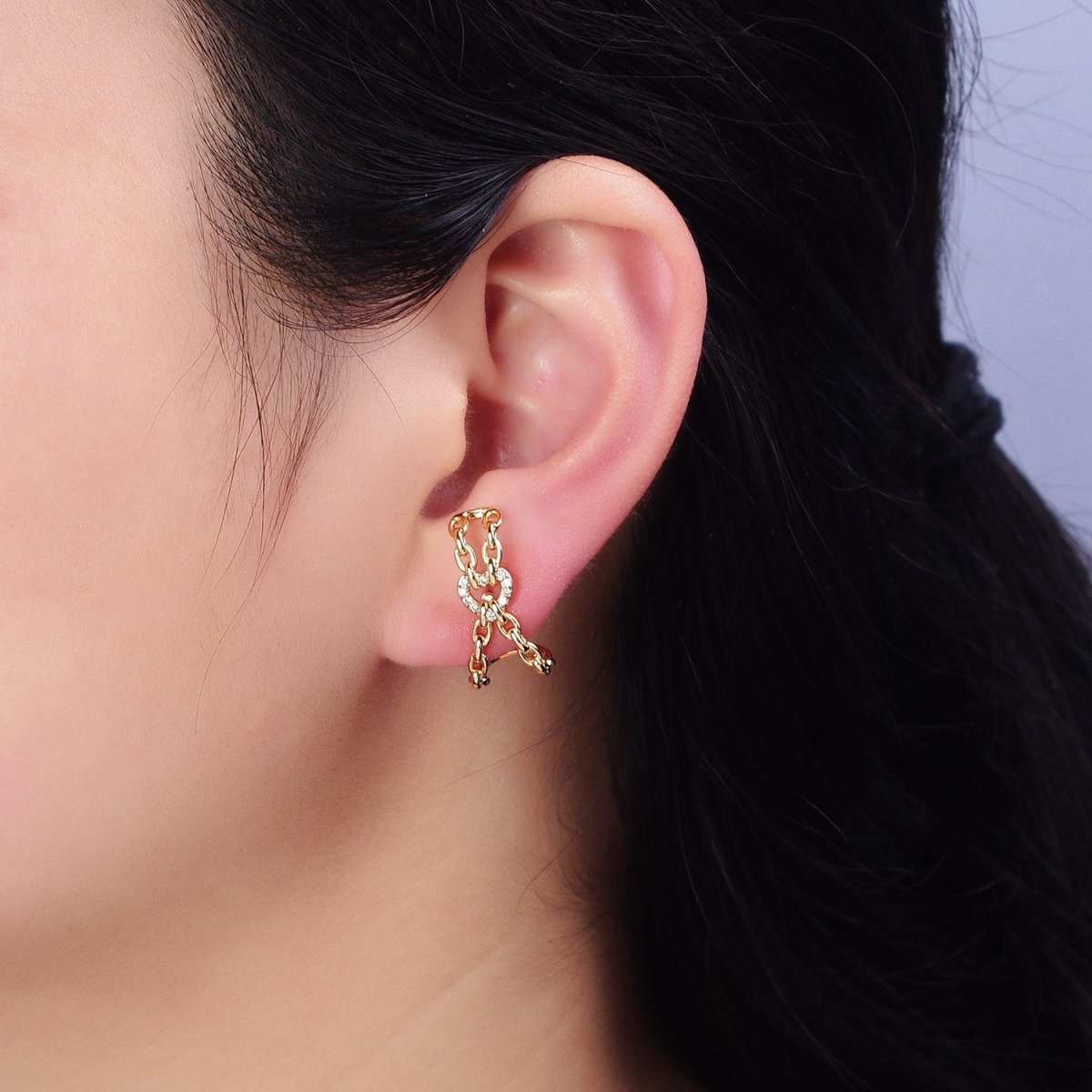 16K Gold Filled Chained Heart Micro Paved CZ Cable Link Stud Earrings in Gold & Silver | AD859 AD860 - DLUXCA