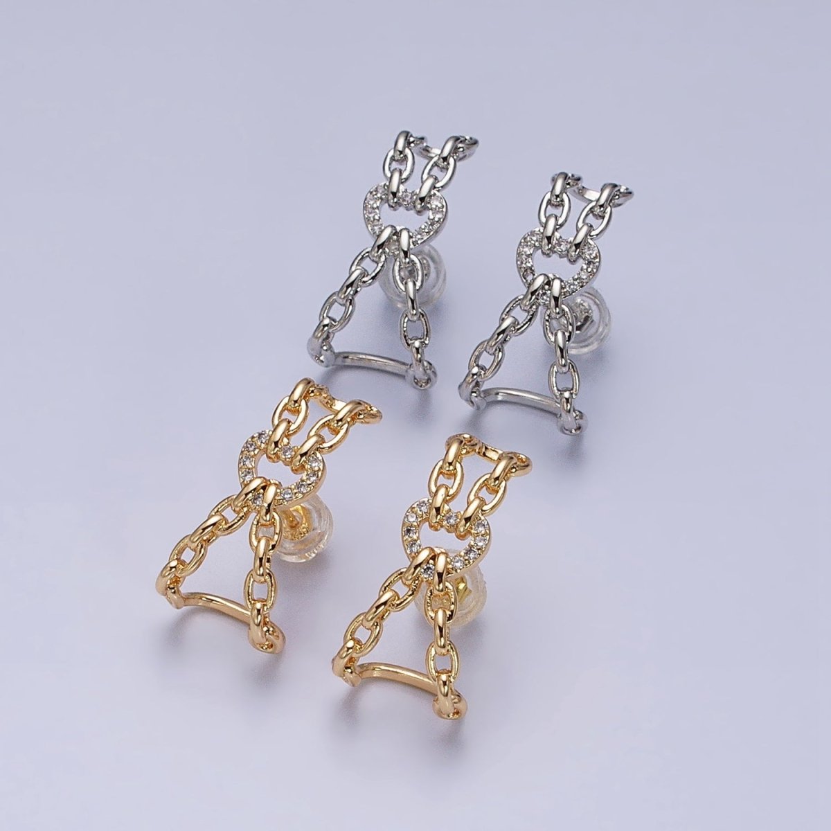 16K Gold Filled Chained Heart Micro Paved CZ Cable Link Stud Earrings in Gold & Silver | AD859 AD860 - DLUXCA