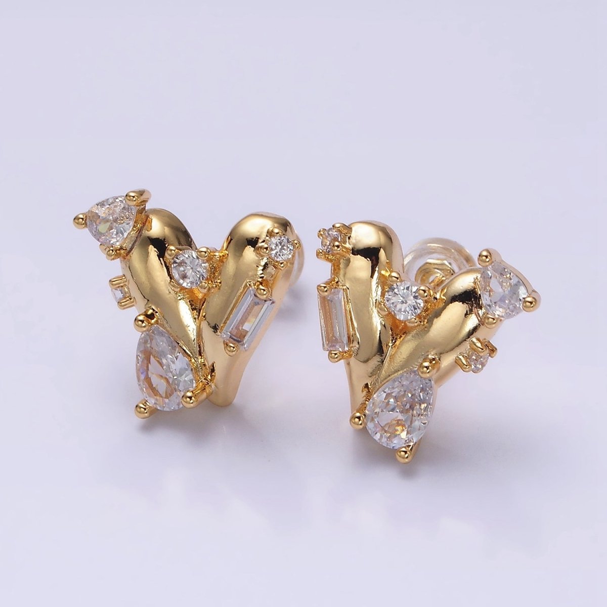 16K Gold Filled Chubby Heart Clear Baguette Teardrop CZ Stud Earrings in Gold & Silver | AD1060 AD1061 - DLUXCA