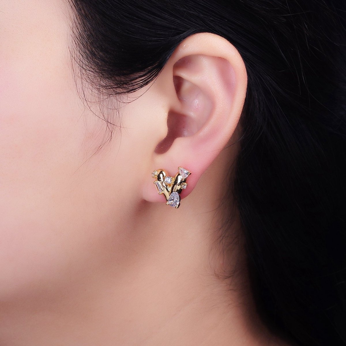 16K Gold Filled Chubby Heart Clear Baguette Teardrop CZ Stud Earrings in Gold & Silver | AD1060 AD1061 - DLUXCA