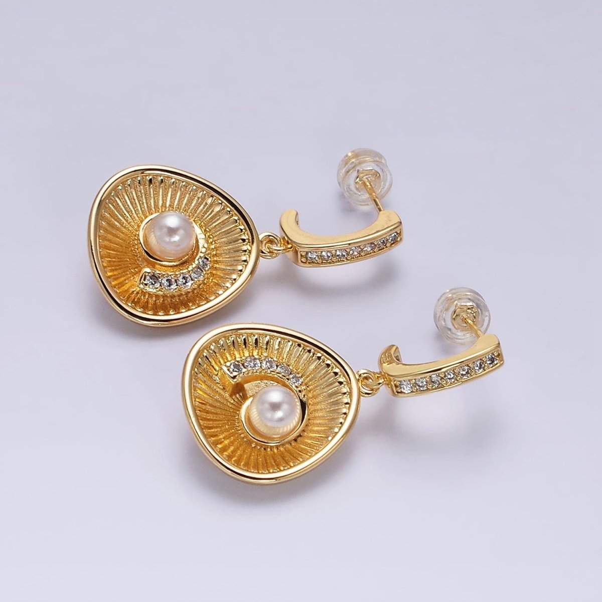 16K Gold Filled Clam Sea Shell Drop Micro Paved CZ J-Shaped Hoop Earrings in Gold & Silver | AD956 AD957 - DLUXCA