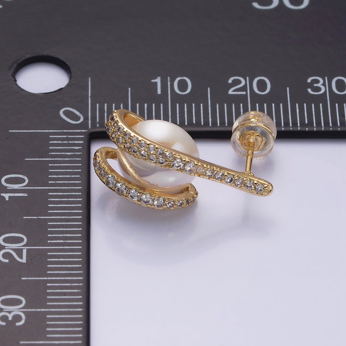 16K Gold Filled Clawed Iridescent Pearl Double Micro Paved CZ Band Stud Earrings in Gold & Silver | AD972 AD973 - DLUXCA