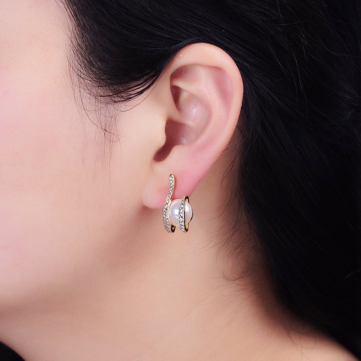 16K Gold Filled Clawed Iridescent Pearl Double Micro Paved CZ Band Stud Earrings in Gold & Silver | AD972 AD973 - DLUXCA