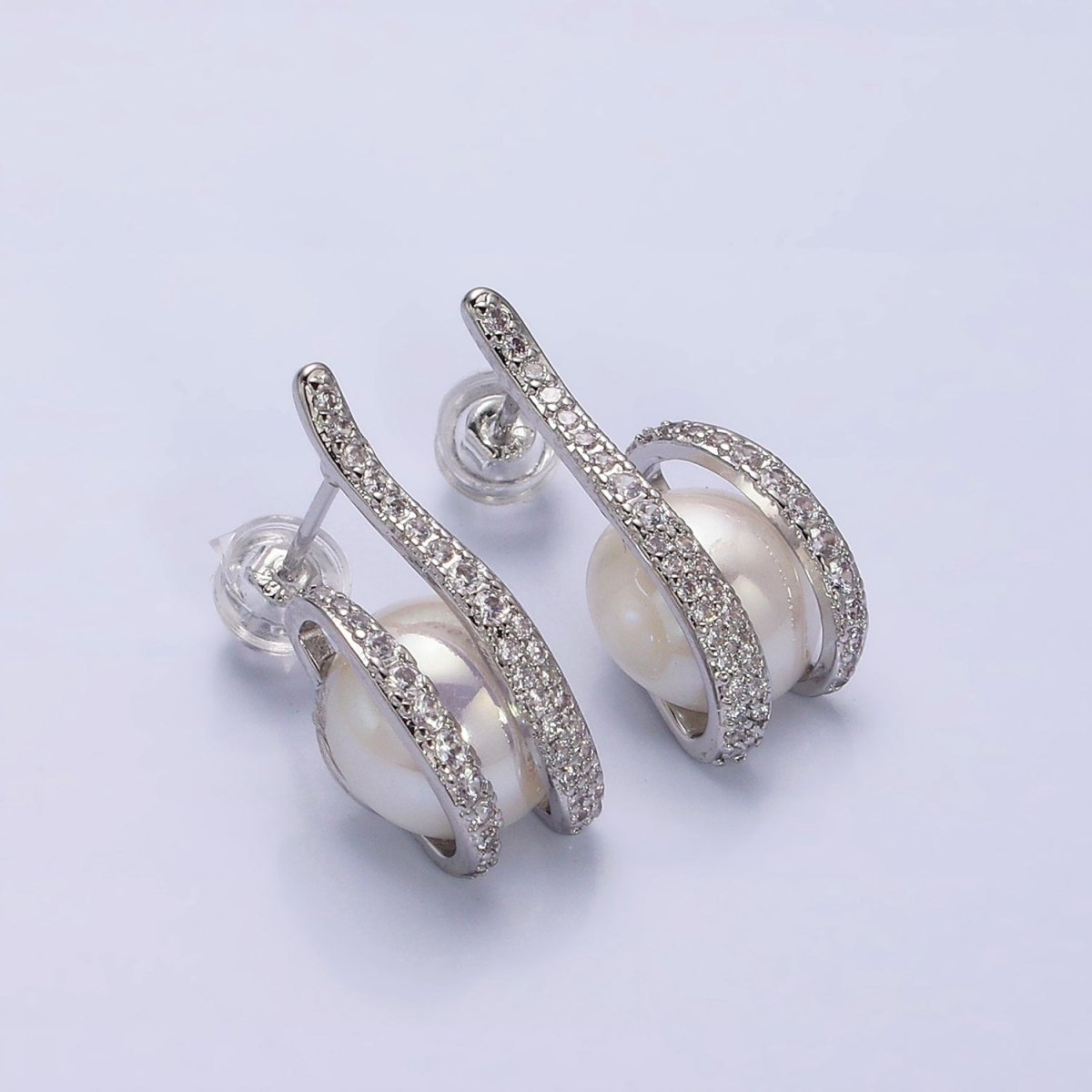 16K Gold Filled Clawed Iridescent Pearl Double Micro Paved CZ Band Stud Earrings in Gold & Silver | AD972 AD973 - DLUXCA