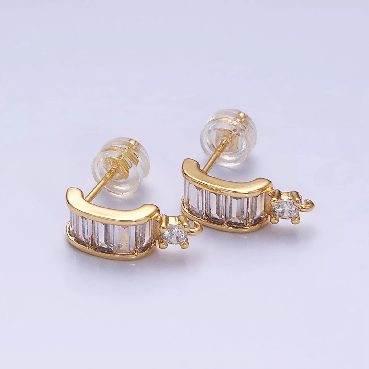 16K Gold Filled Clear Baguette Bar C-Shaped Open Loop Stud Earrings Supply in Gold & Silver | Z-423 Z-424 - DLUXCA