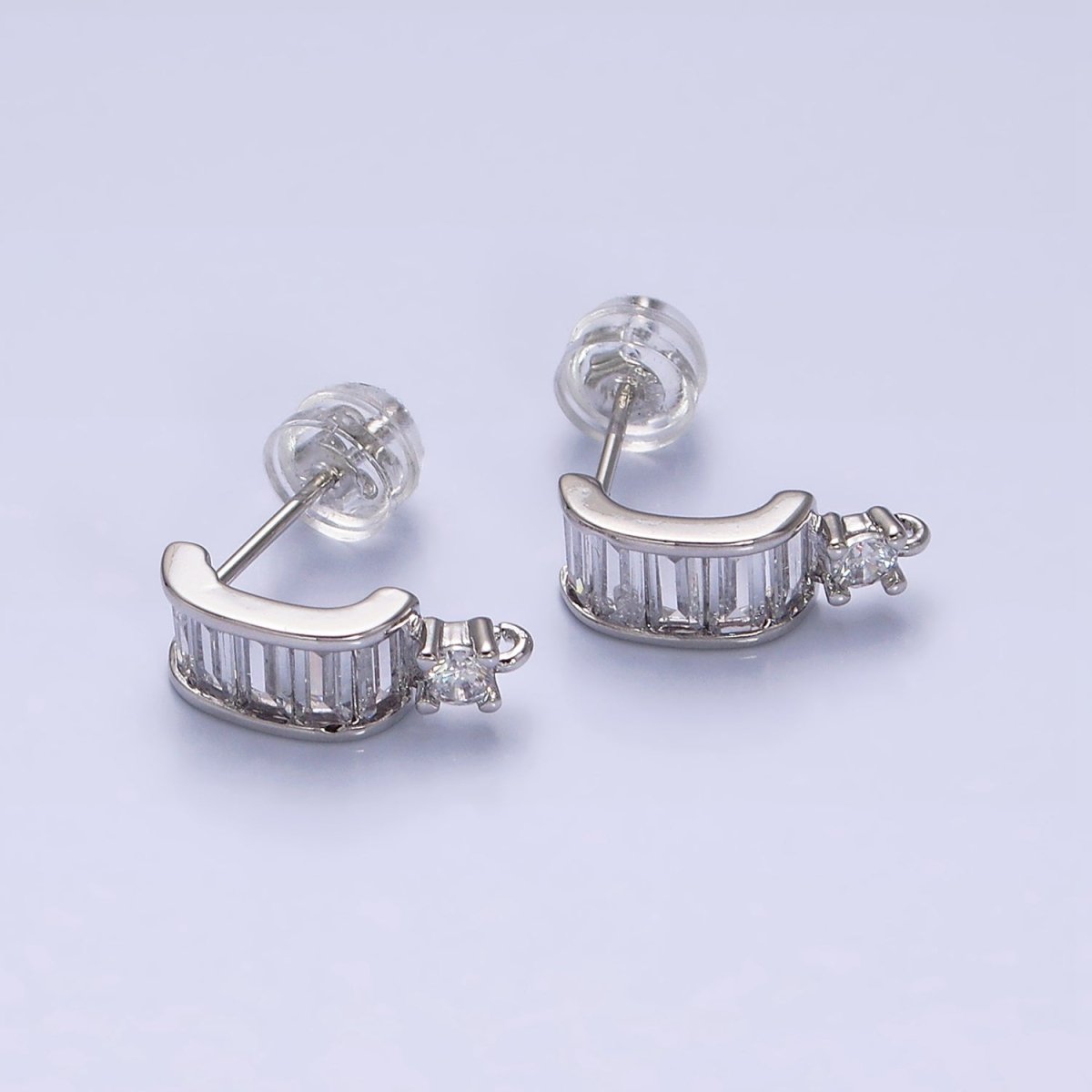 16K Gold Filled Clear Baguette Bar C-Shaped Open Loop Stud Earrings Supply in Gold & Silver | Z-423 Z-424 - DLUXCA