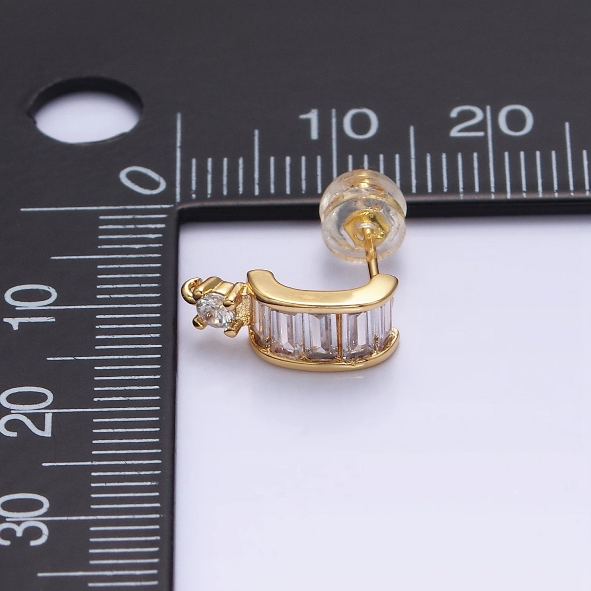 16K Gold Filled Clear Baguette Bar C-Shaped Open Loop Stud Earrings Supply in Gold & Silver | Z-423 Z-424 - DLUXCA