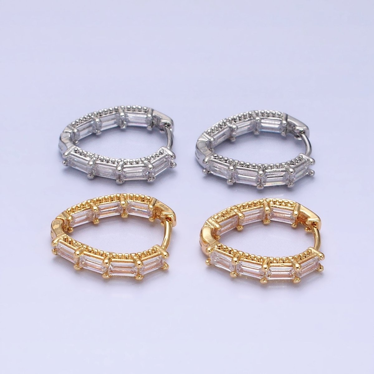 16K Gold Filled Clear Baguette CZ Front-Sided Triangle Hoop Earrings in Gold & Silver | AD909 AD910 - DLUXCA