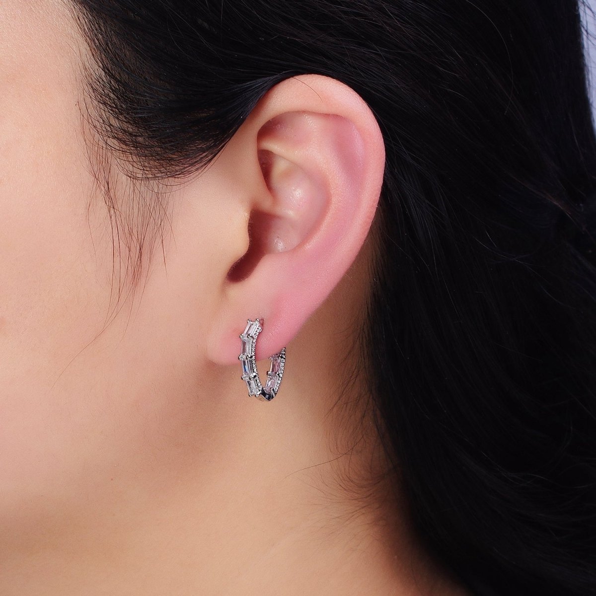 16K Gold Filled Clear Baguette CZ Front-Sided Triangle Hoop Earrings in Gold & Silver | AD909 AD910 - DLUXCA