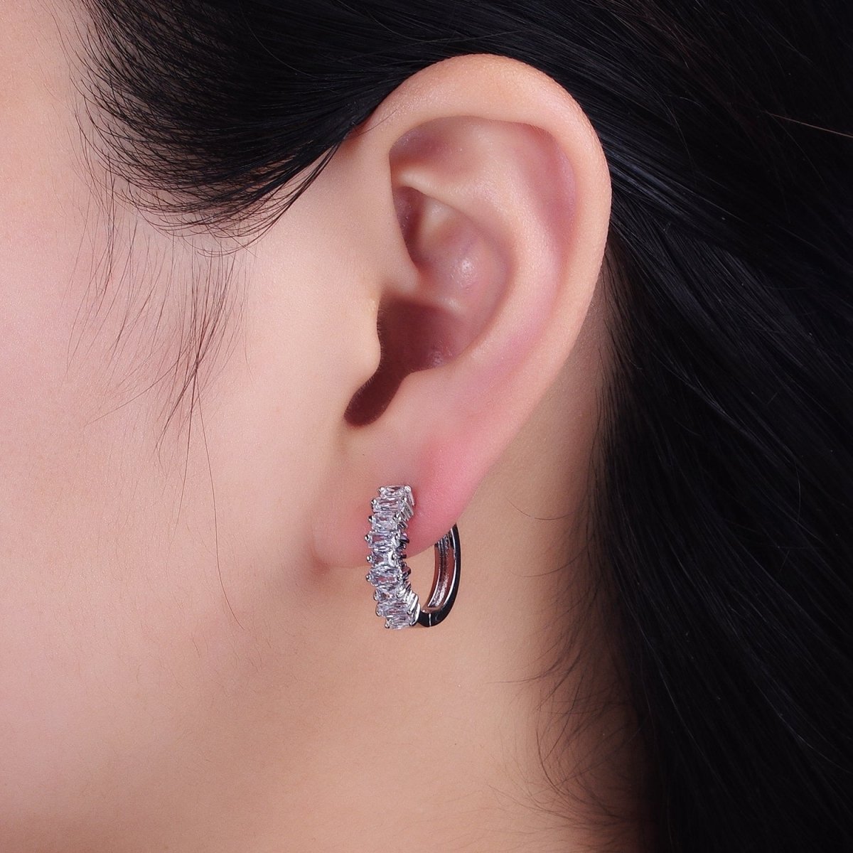 16K Gold Filled Clear Baguette CZ Lined 19mm Hoop Earrings | AB1459 AB1460 - DLUXCA