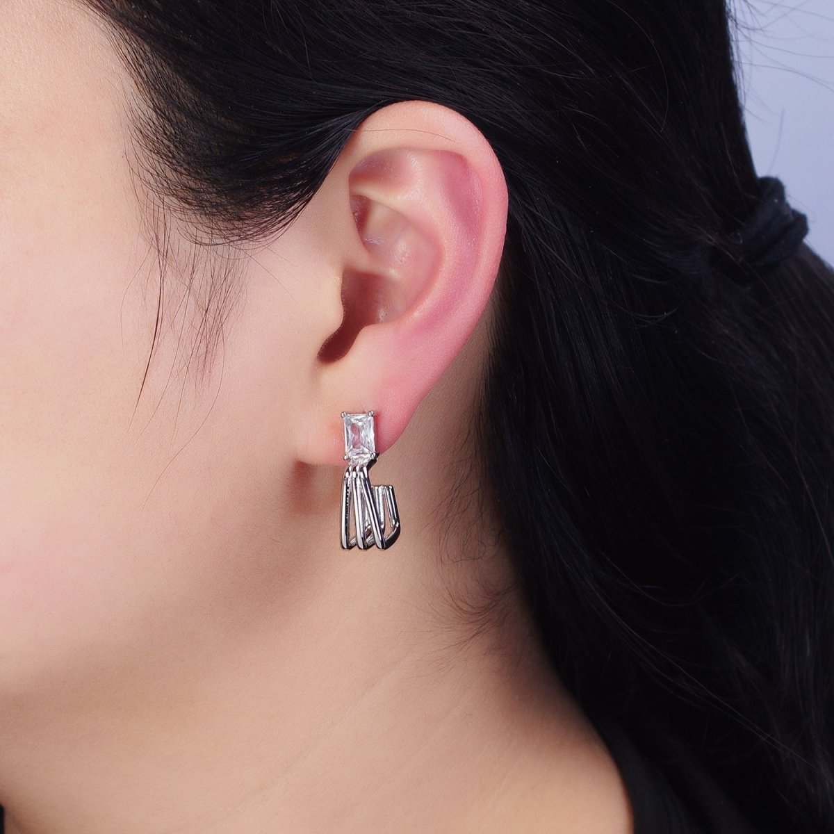 16K Gold Filled Clear Baguette CZ Triple Band J-Shaped Hoop Earrings in Gold & Silver | AD1281 AD1282 - DLUXCA