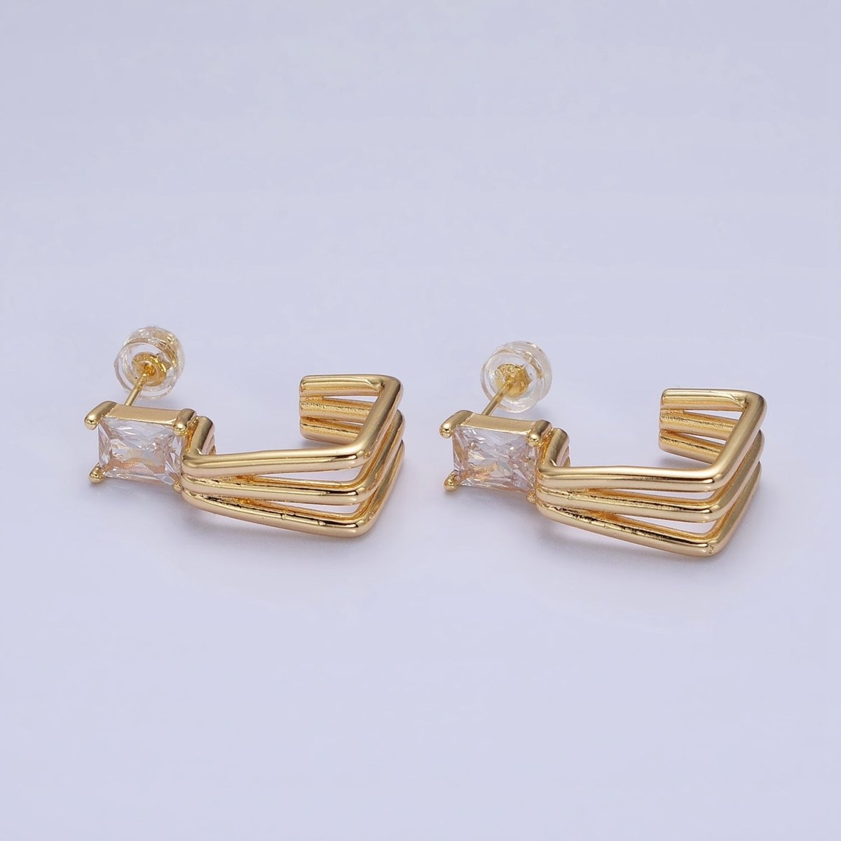 16K Gold Filled Clear Baguette CZ Triple Band J-Shaped Hoop Earrings in Gold & Silver | AD1281 AD1282 - DLUXCA