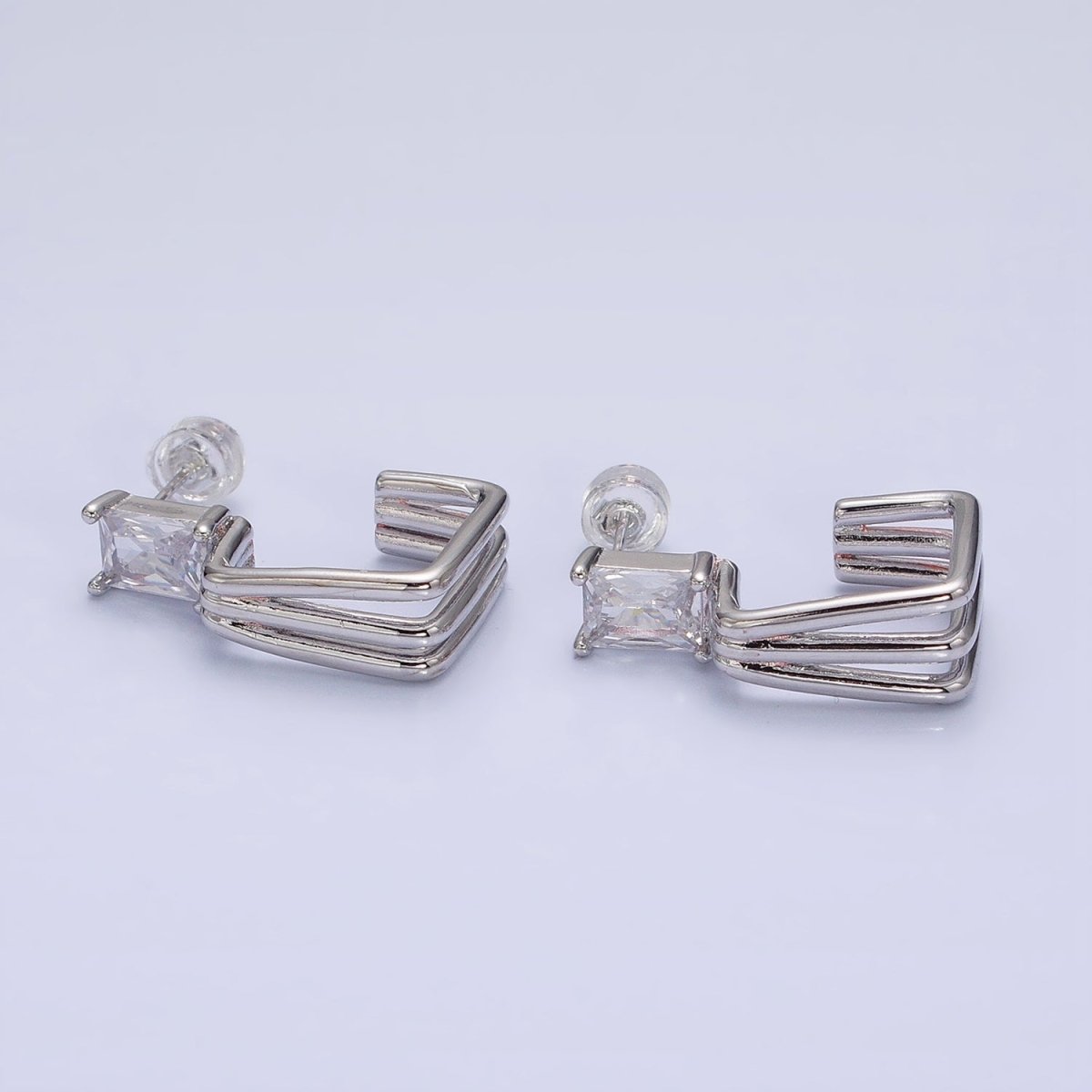 16K Gold Filled Clear Baguette CZ Triple Band J-Shaped Hoop Earrings in Gold & Silver | AD1281 AD1282 - DLUXCA