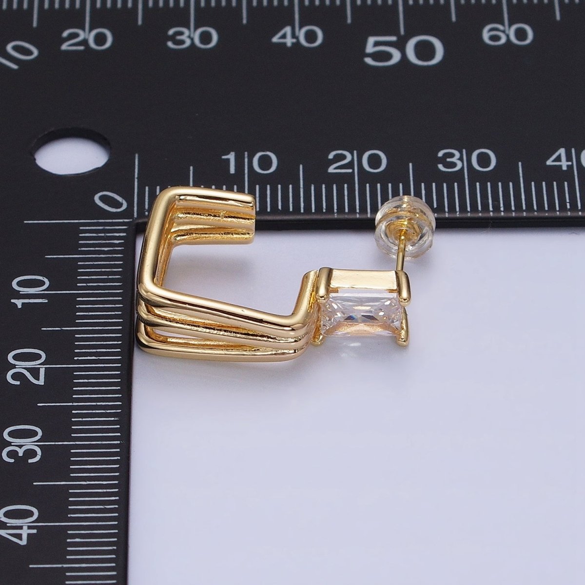 16K Gold Filled Clear Baguette CZ Triple Band J-Shaped Hoop Earrings in Gold & Silver | AD1281 AD1282 - DLUXCA