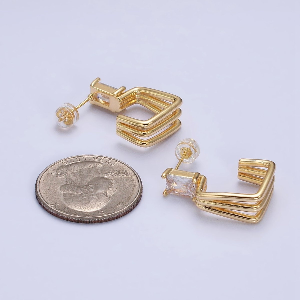 16K Gold Filled Clear Baguette CZ Triple Band J-Shaped Hoop Earrings in Gold & Silver | AD1281 AD1282 - DLUXCA