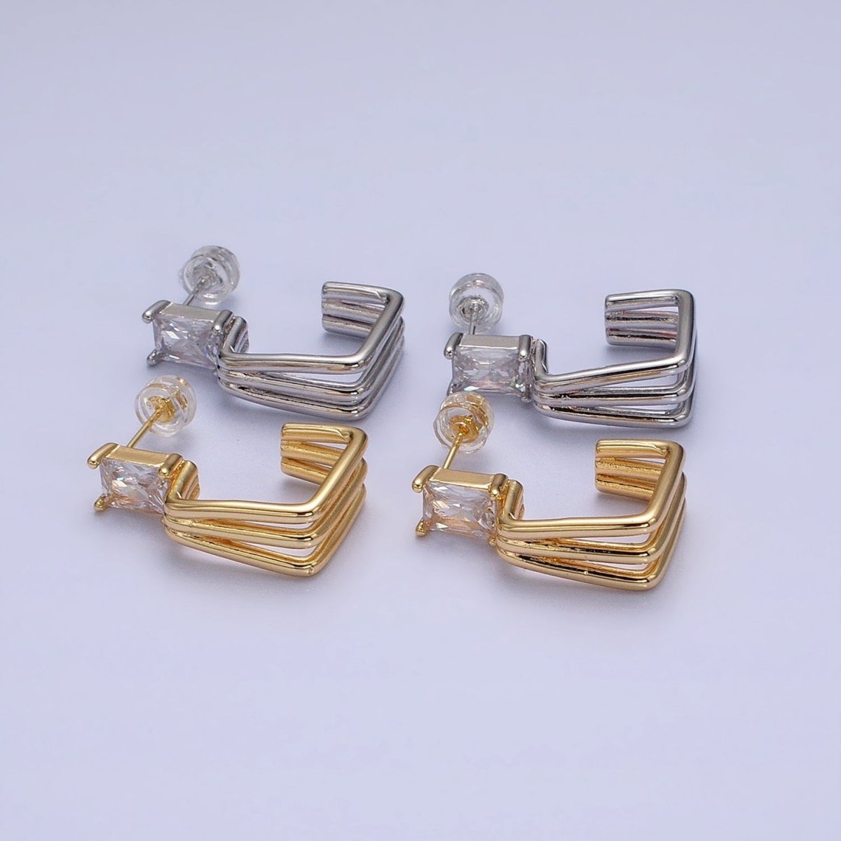 16K Gold Filled Clear Baguette CZ Triple Band J-Shaped Hoop Earrings in Gold & Silver | AD1281 AD1282 - DLUXCA