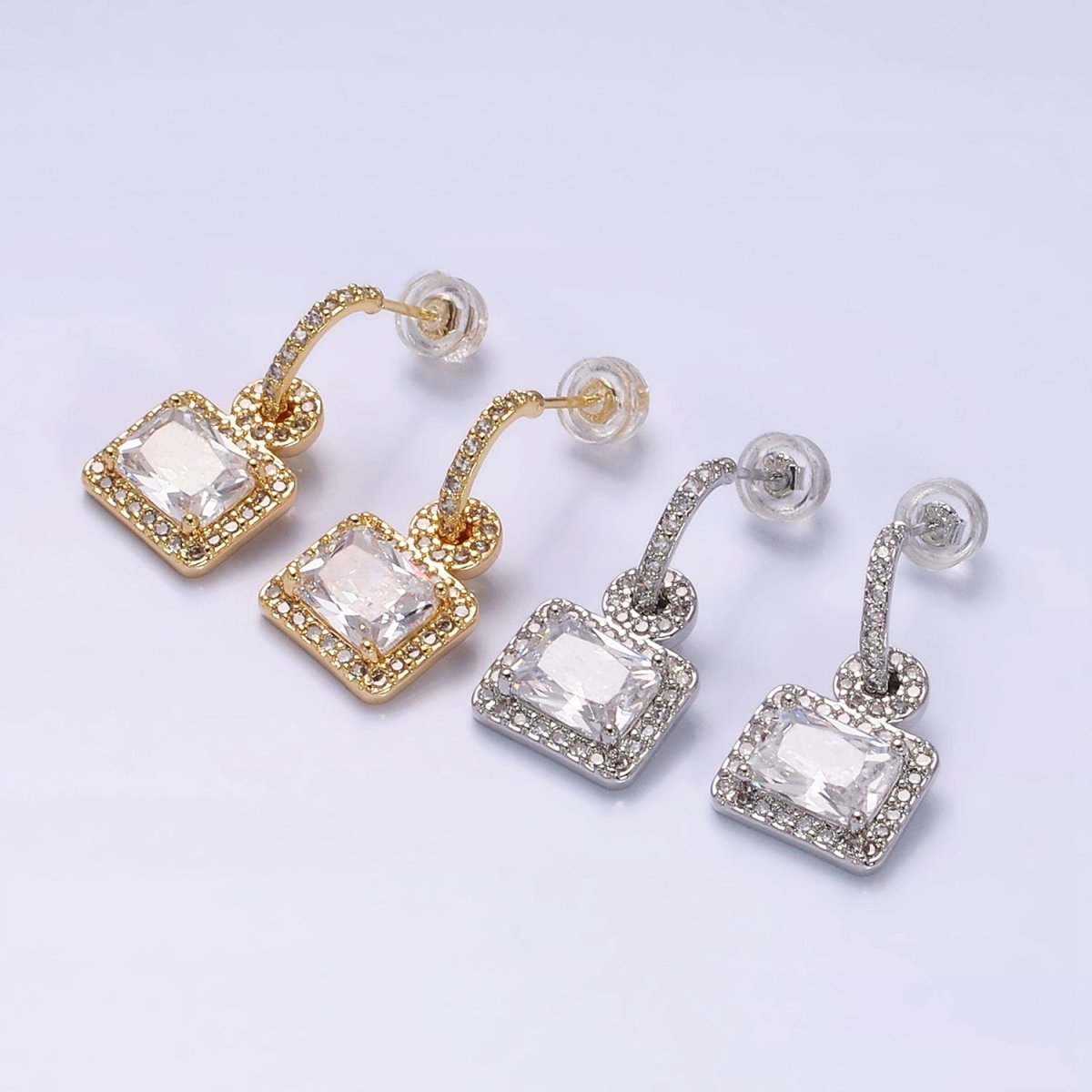 16K Gold Filled Clear Baguette Drop Micro Paved C-Shaped Hoop Earrings in Gold & Silver | AD1088 AD1089 - DLUXCA