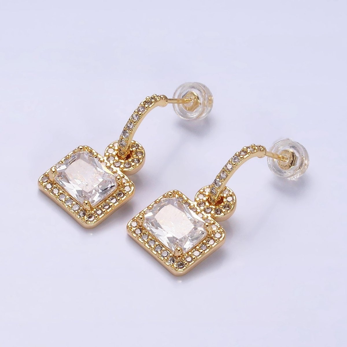 16K Gold Filled Clear Baguette Drop Micro Paved C-Shaped Hoop Earrings in Gold & Silver | AD1088 AD1089 - DLUXCA