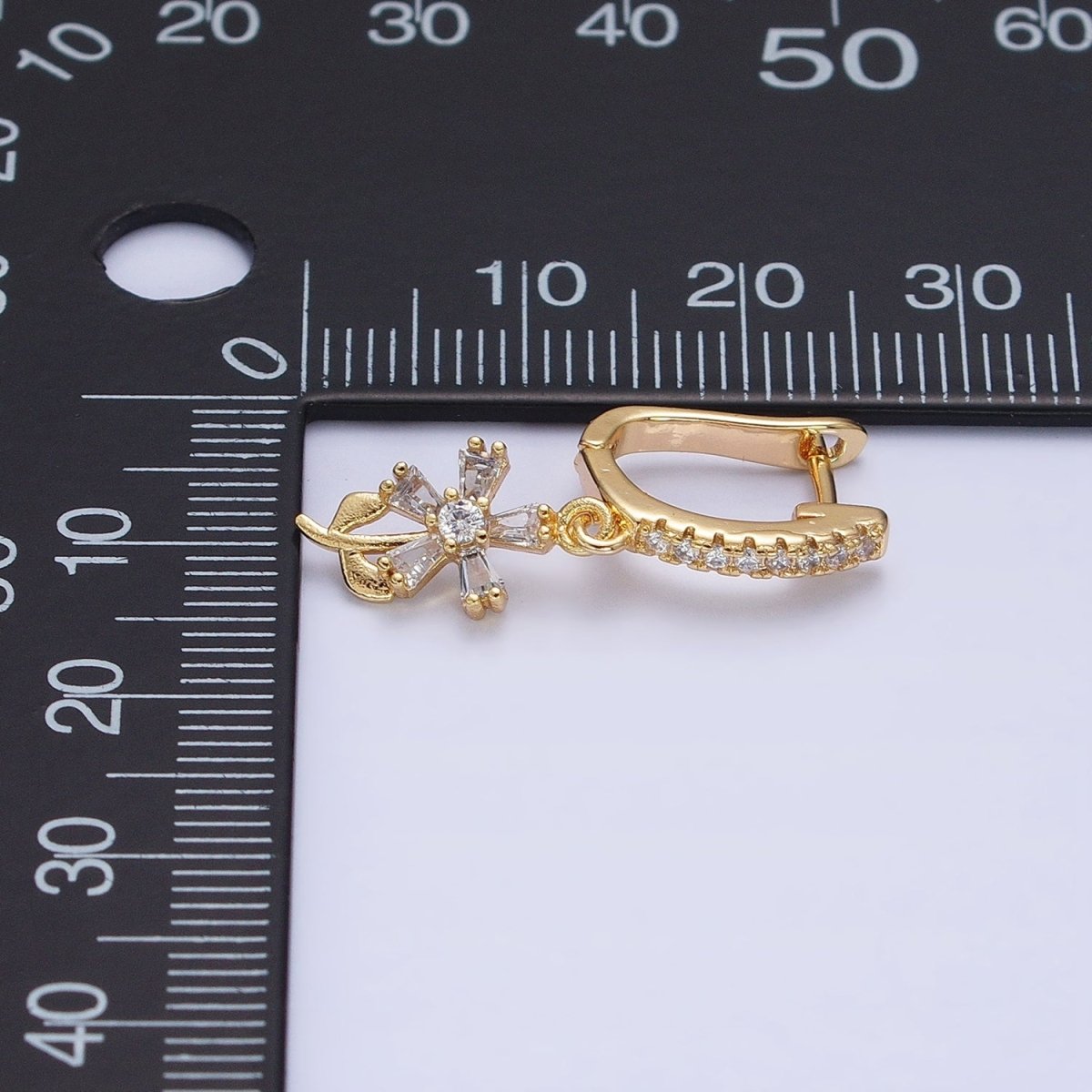 16K Gold Filled Clear Baguette Flower Plant Drop Micro Paved CZ English Lock Earrings in Gold & Silver | AD1283 AD1284 - DLUXCA