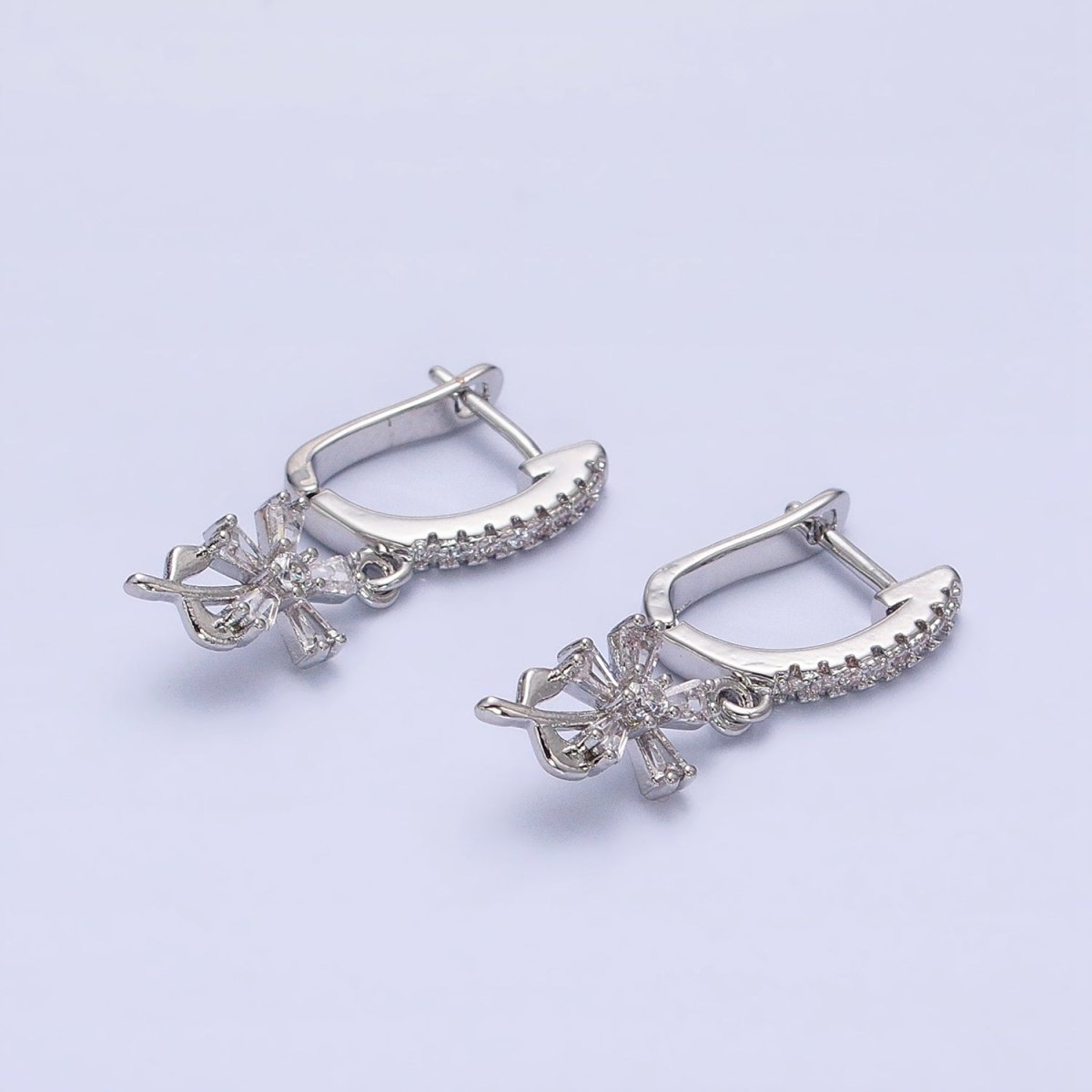 16K Gold Filled Clear Baguette Flower Plant Drop Micro Paved CZ English Lock Earrings in Gold & Silver | AD1283 AD1284 - DLUXCA