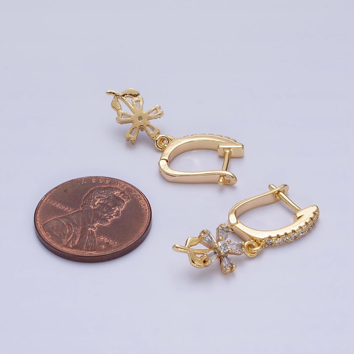 16K Gold Filled Clear Baguette Flower Plant Drop Micro Paved CZ English Lock Earrings in Gold & Silver | AD1283 AD1284 - DLUXCA