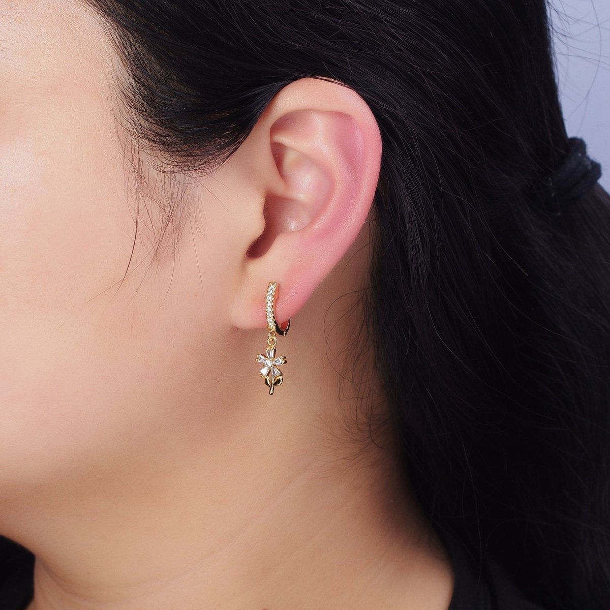 16K Gold Filled Clear Baguette Flower Plant Drop Micro Paved CZ English Lock Earrings in Gold & Silver | AD1283 AD1284 - DLUXCA