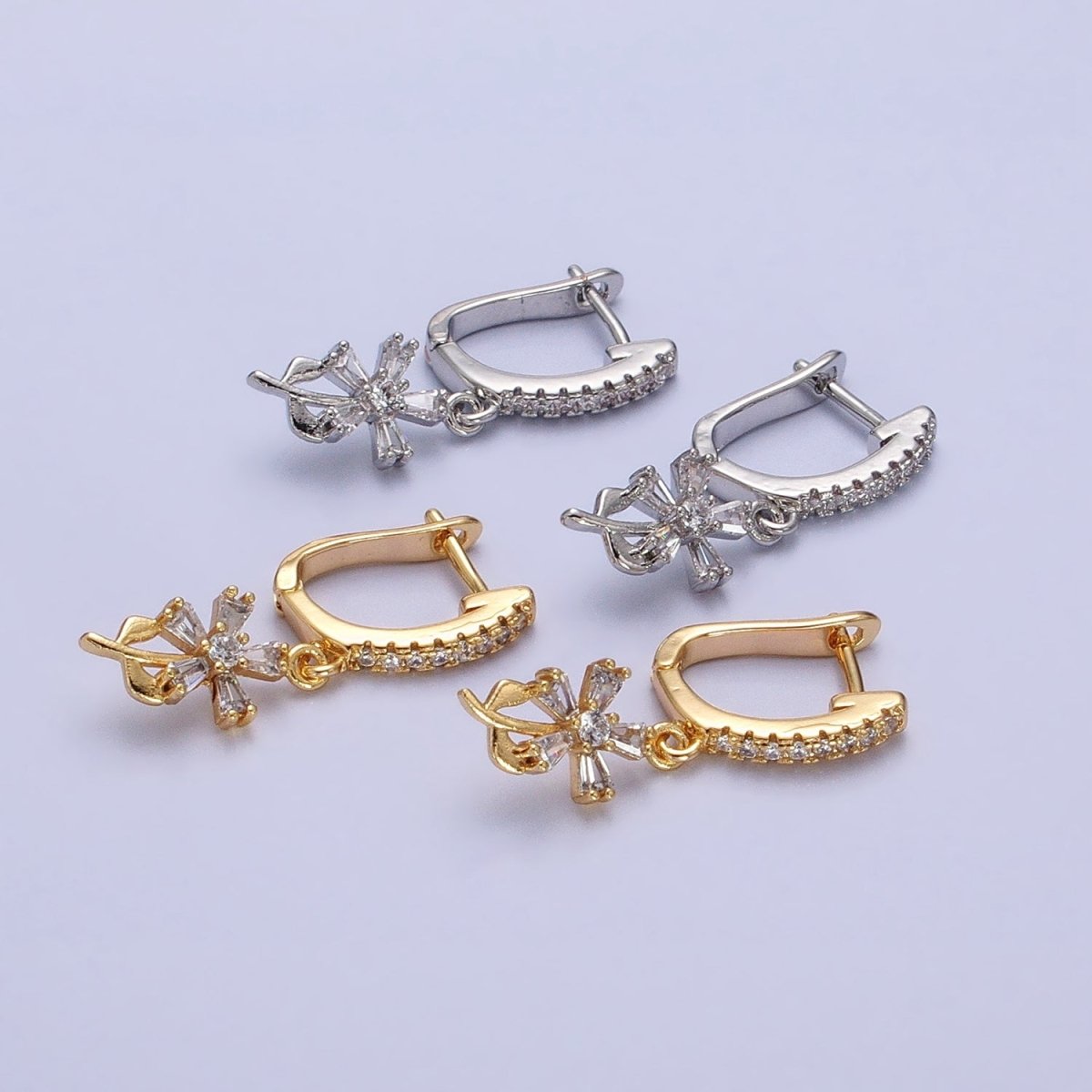 16K Gold Filled Clear Baguette Flower Plant Drop Micro Paved CZ English Lock Earrings in Gold & Silver | AD1283 AD1284 - DLUXCA