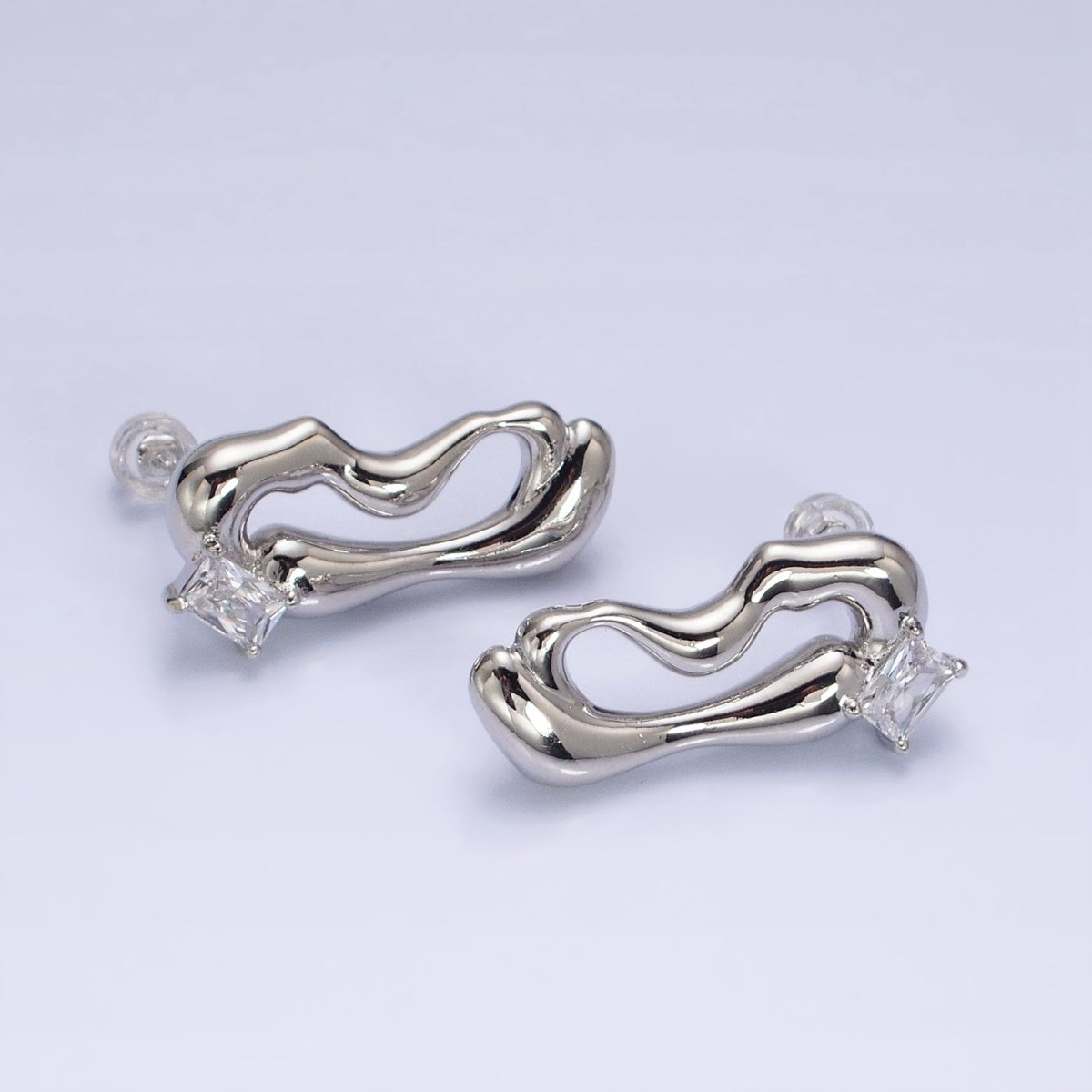 16K Gold Filled Clear Baguette Geometric Abstract Open Oblong Stud Earrings | AD1149 AD1150 - DLUXCA