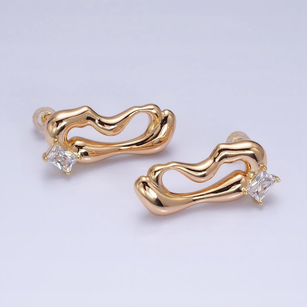 16K Gold Filled Clear Baguette Geometric Abstract Open Oblong Stud Earrings | AD1149 AD1150 - DLUXCA