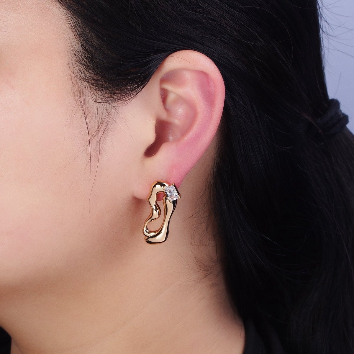 16K Gold Filled Clear Baguette Geometric Abstract Open Oblong Stud Earrings | AD1149 AD1150 - DLUXCA