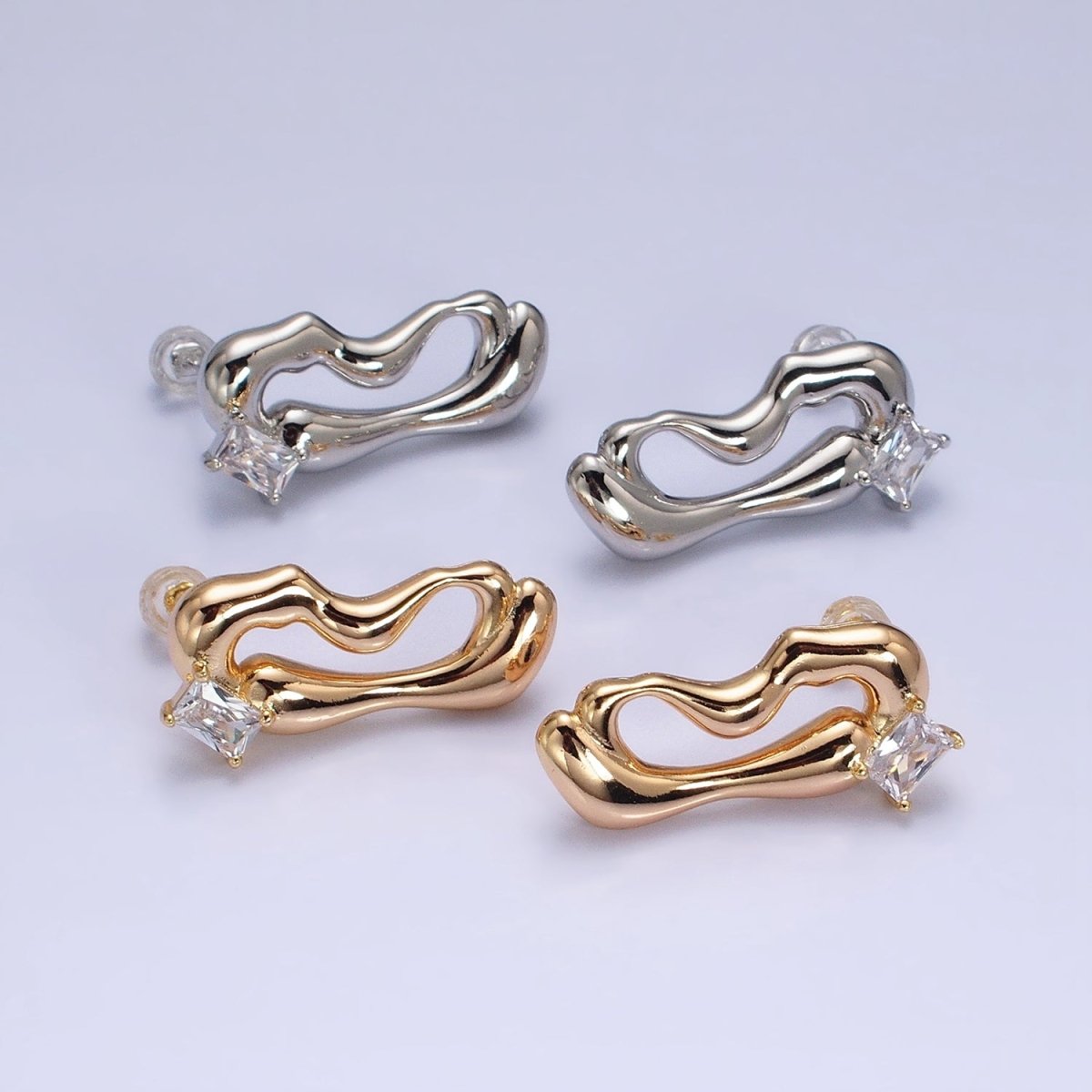 16K Gold Filled Clear Baguette Geometric Abstract Open Oblong Stud Earrings | AD1149 AD1150 - DLUXCA