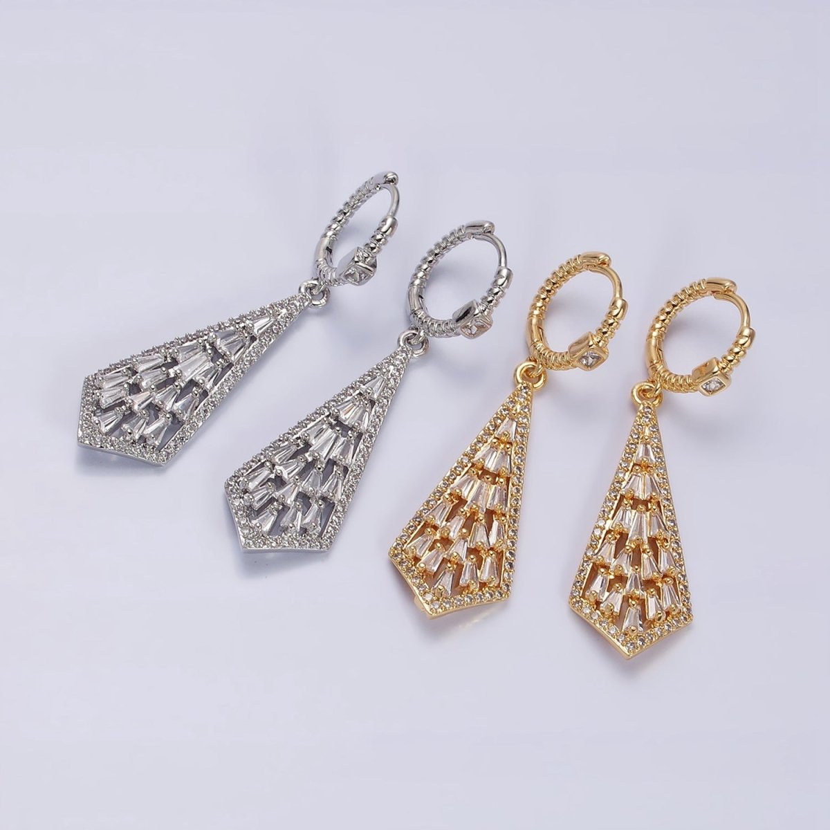 16K Gold Filled Clear Baguette Geometric Drop Twisted Square CZ Huggie Earrings in Gold & Silver | AD1183 AD1184 - DLUXCA