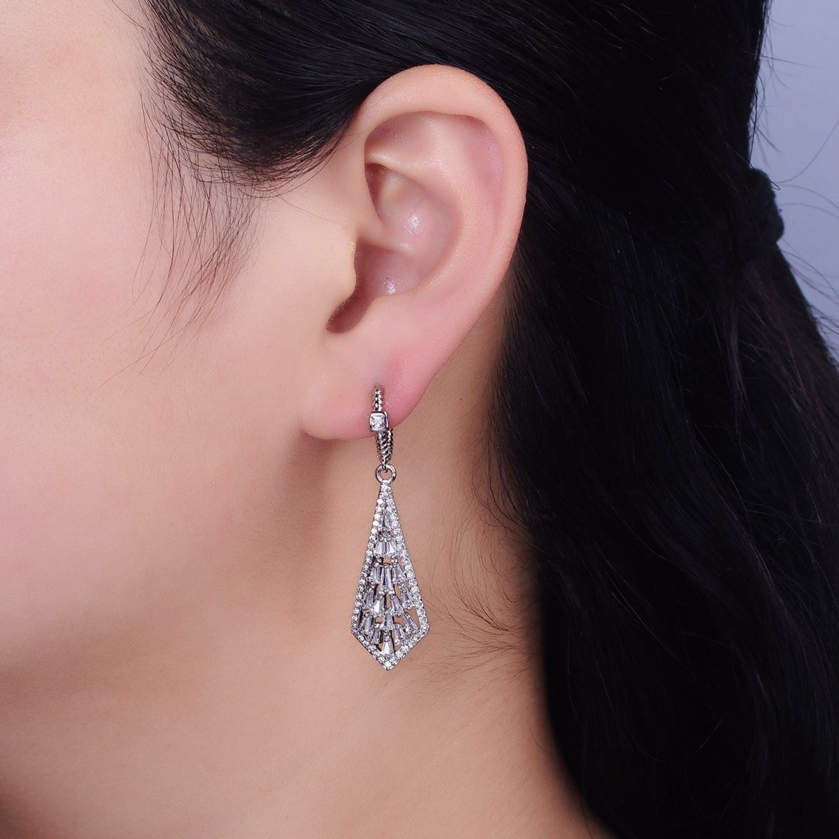 16K Gold Filled Clear Baguette Geometric Drop Twisted Square CZ Huggie Earrings in Gold & Silver | AD1183 AD1184 - DLUXCA