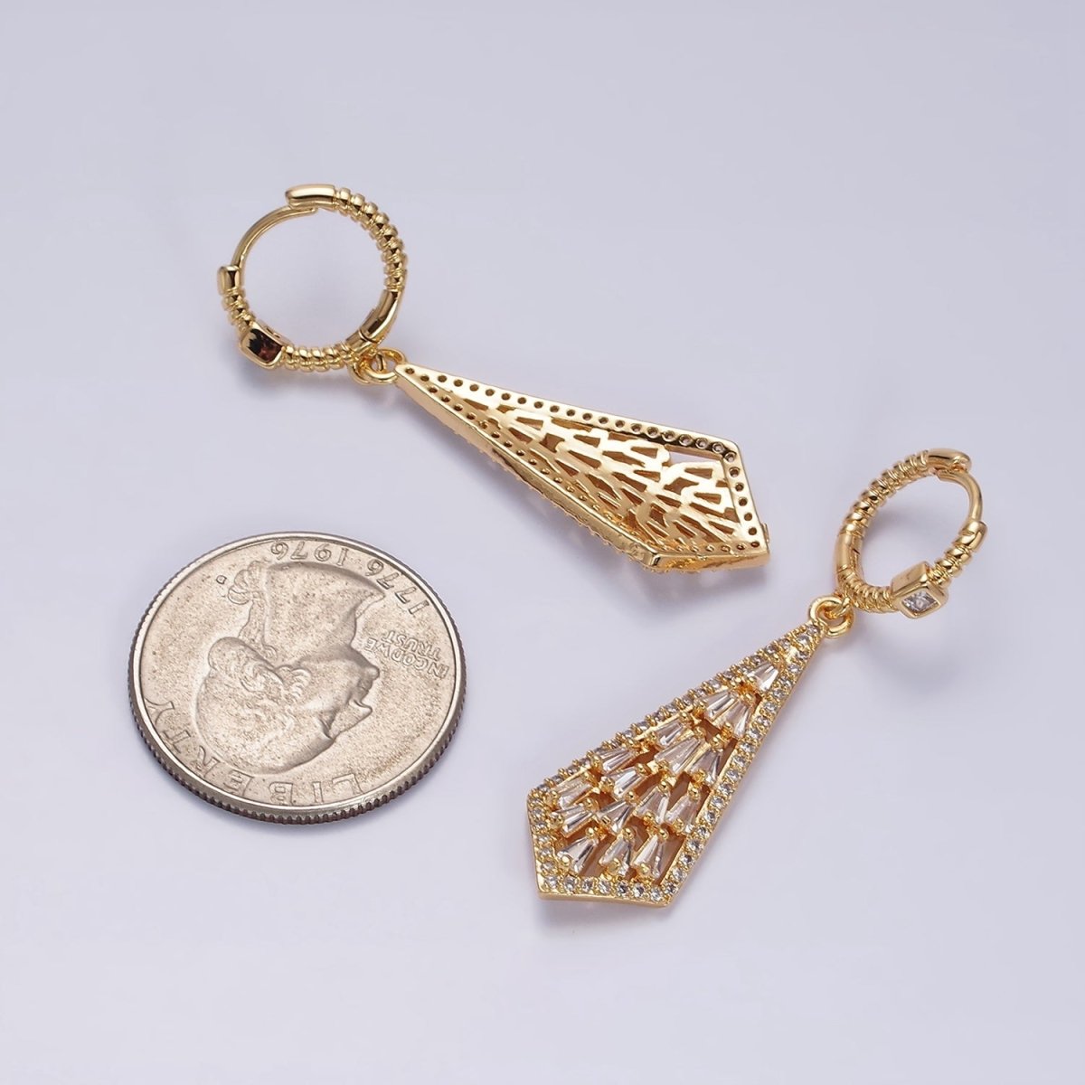 16K Gold Filled Clear Baguette Geometric Drop Twisted Square CZ Huggie Earrings in Gold & Silver | AD1183 AD1184 - DLUXCA