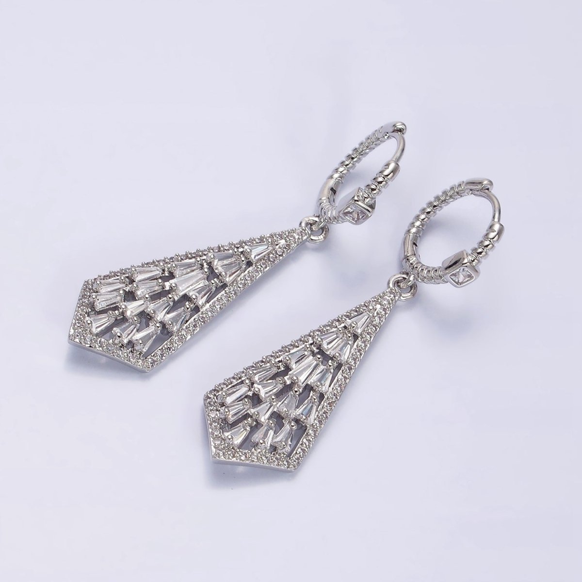 16K Gold Filled Clear Baguette Geometric Drop Twisted Square CZ Huggie Earrings in Gold & Silver | AD1183 AD1184 - DLUXCA