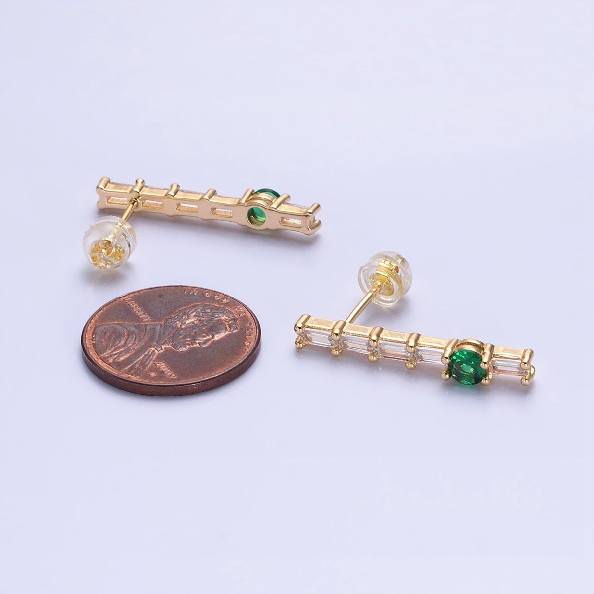 16K Gold Filled Clear Baguette Green Round CZ Linear Drop Stud Earrings in Gold & Silver | AB888 AB889 - DLUXCA