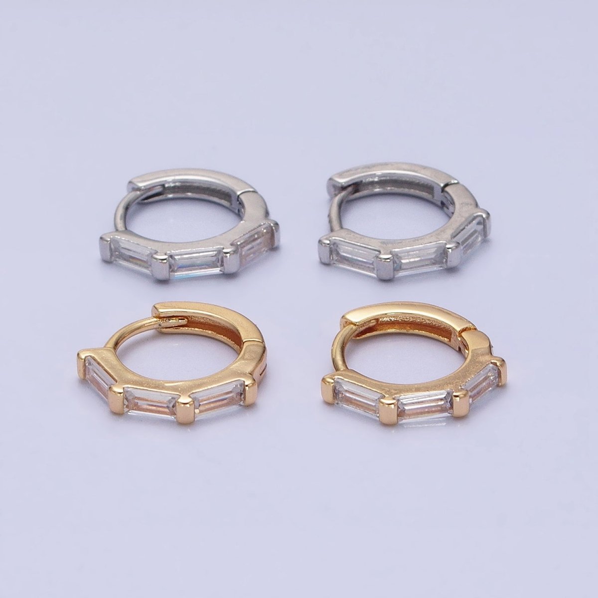 16K Gold Filled Clear Baguette Lined 12mm Cartilage Huggie Earrings in Gold & Silver | AD925 AD926 - DLUXCA