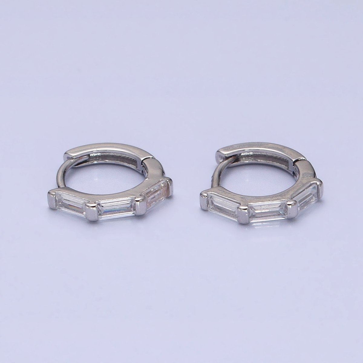 16K Gold Filled Clear Baguette Lined 12mm Cartilage Huggie Earrings in Gold & Silver | AD925 AD926 - DLUXCA