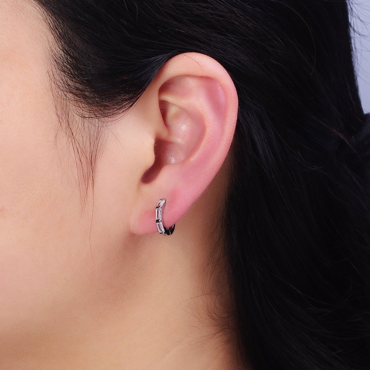 16K Gold Filled Clear Baguette Lined 12mm Cartilage Huggie Earrings in Gold & Silver | AD925 AD926 - DLUXCA