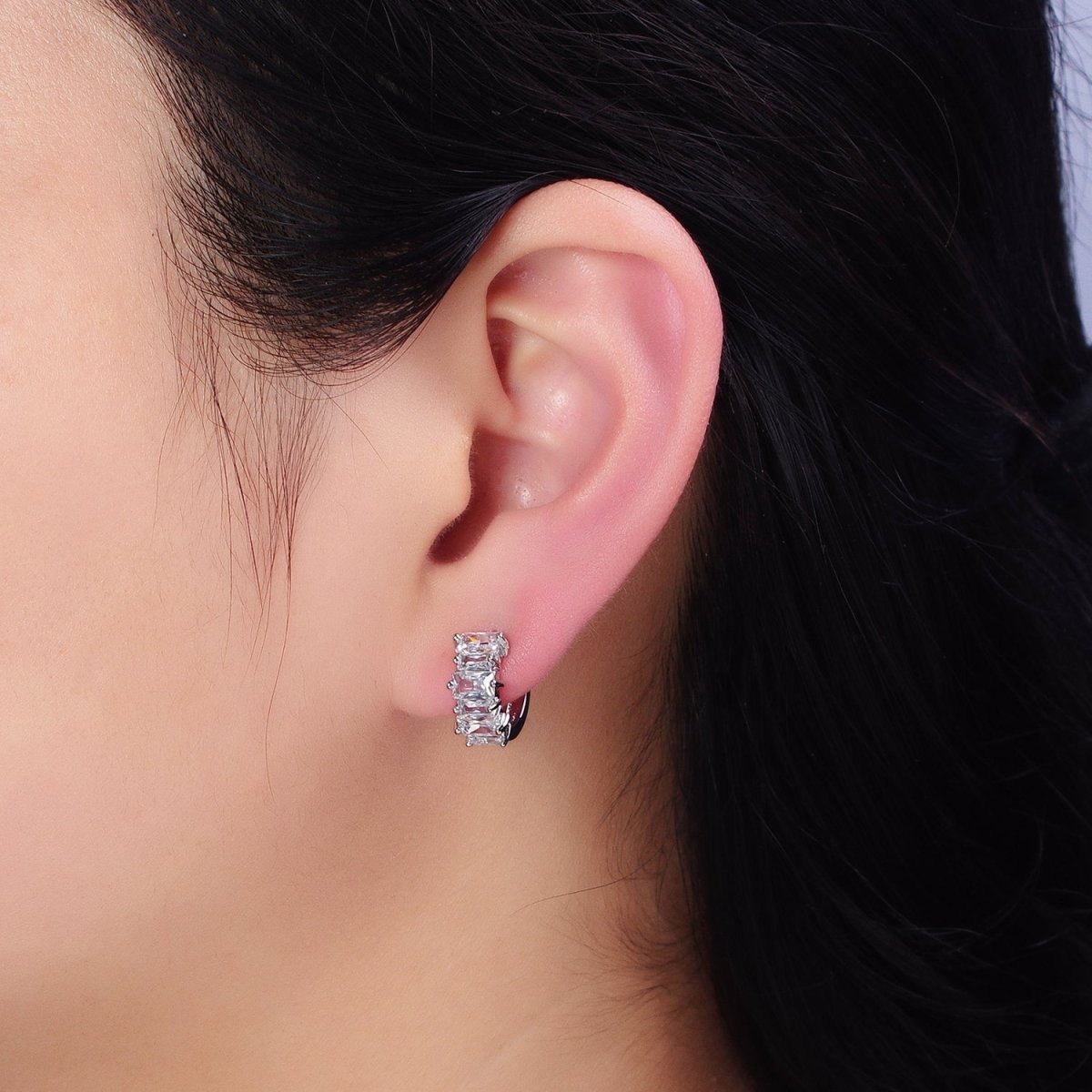 16K Gold Filled Clear Baguette Lined 13mm Huggie Earrings in Gold & Silver | AD845 AD846 - DLUXCA