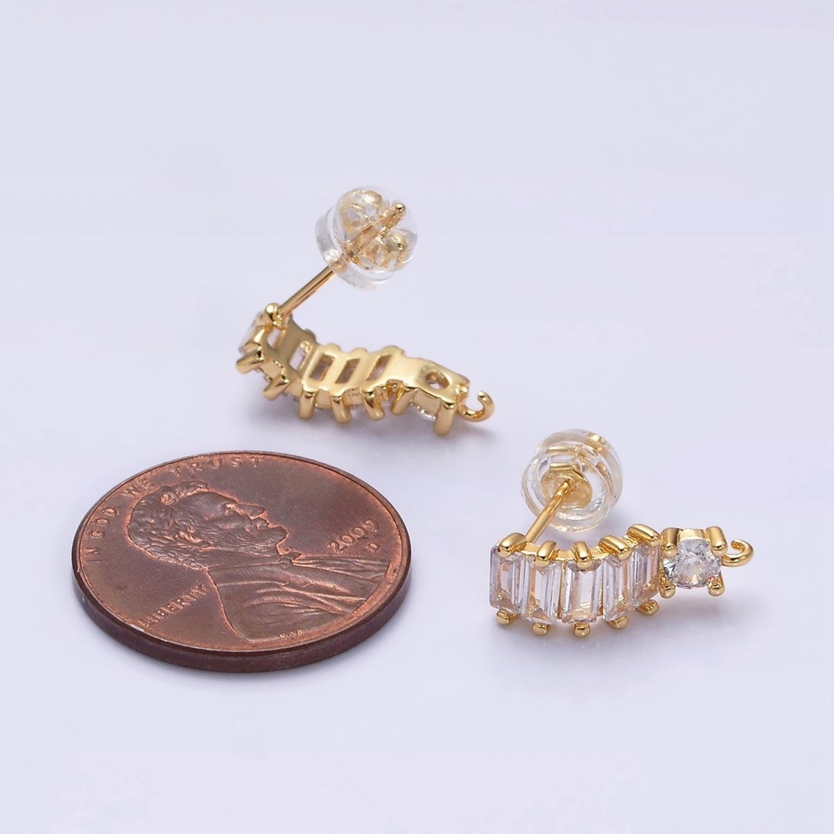 16K Gold Filled Clear Baguette Lined Curved C-Shaped Earrings Supply in Gold & Silver | Z-411 Z-412 - DLUXCA