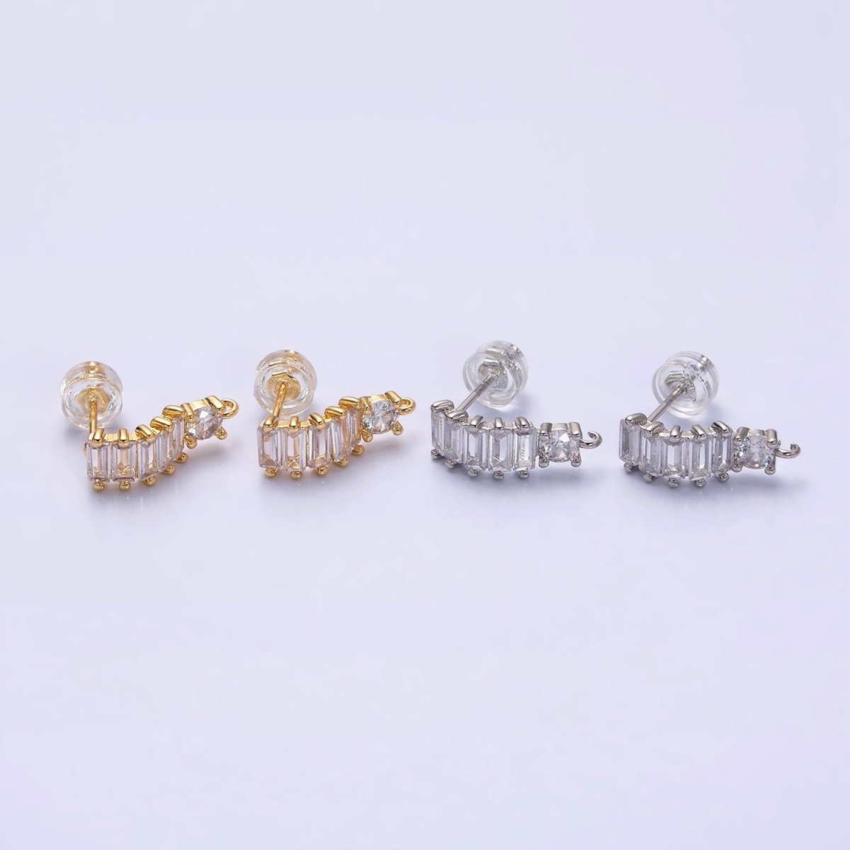 16K Gold Filled Clear Baguette Lined Curved C-Shaped Earrings Supply in Gold & Silver | Z-411 Z-412 - DLUXCA
