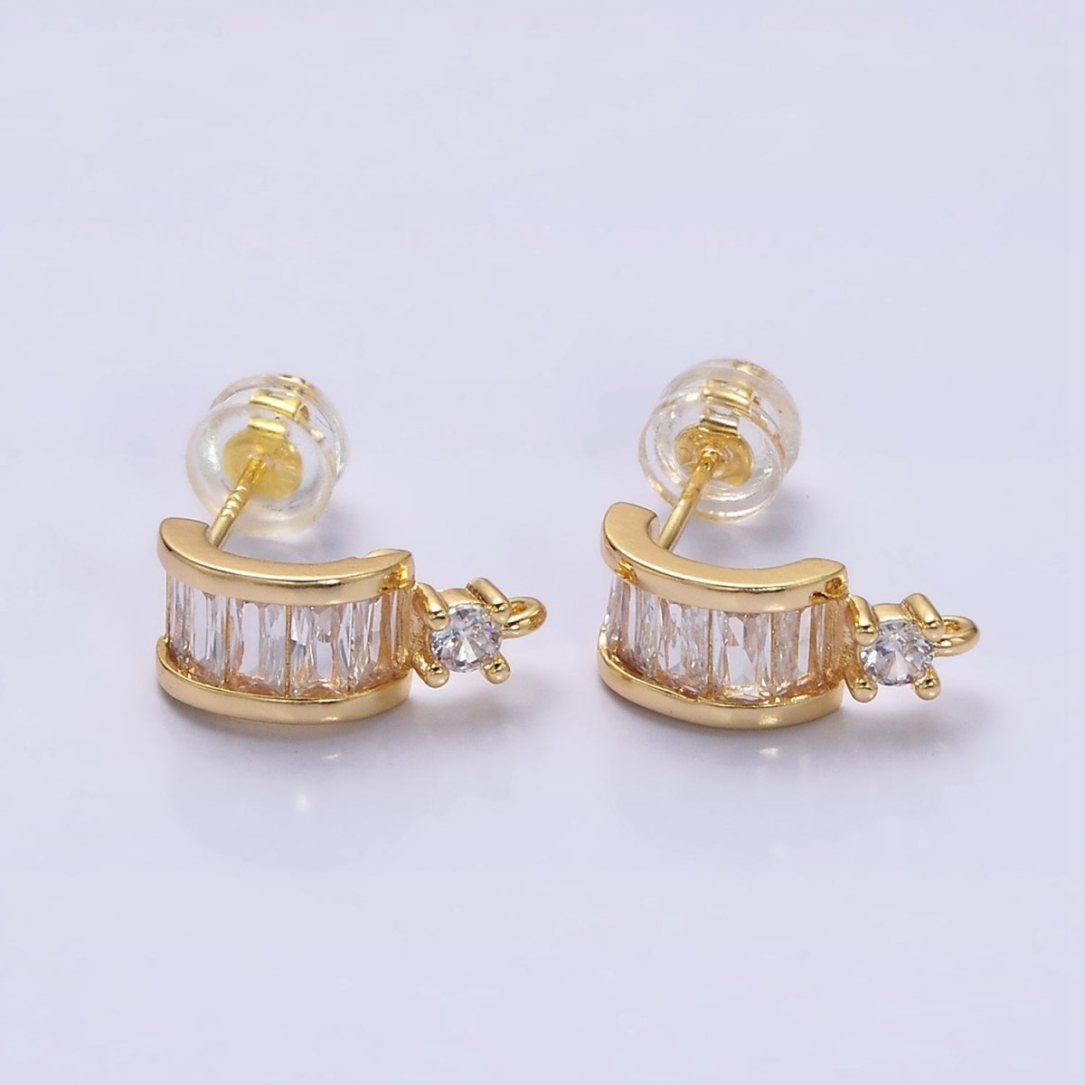 16K Gold Filled Clear Baguette Lined CZ Drop Open Loop C-Shaped Hoop Earrings in Gold & Silver | Z-409 Z-410 - DLUXCA