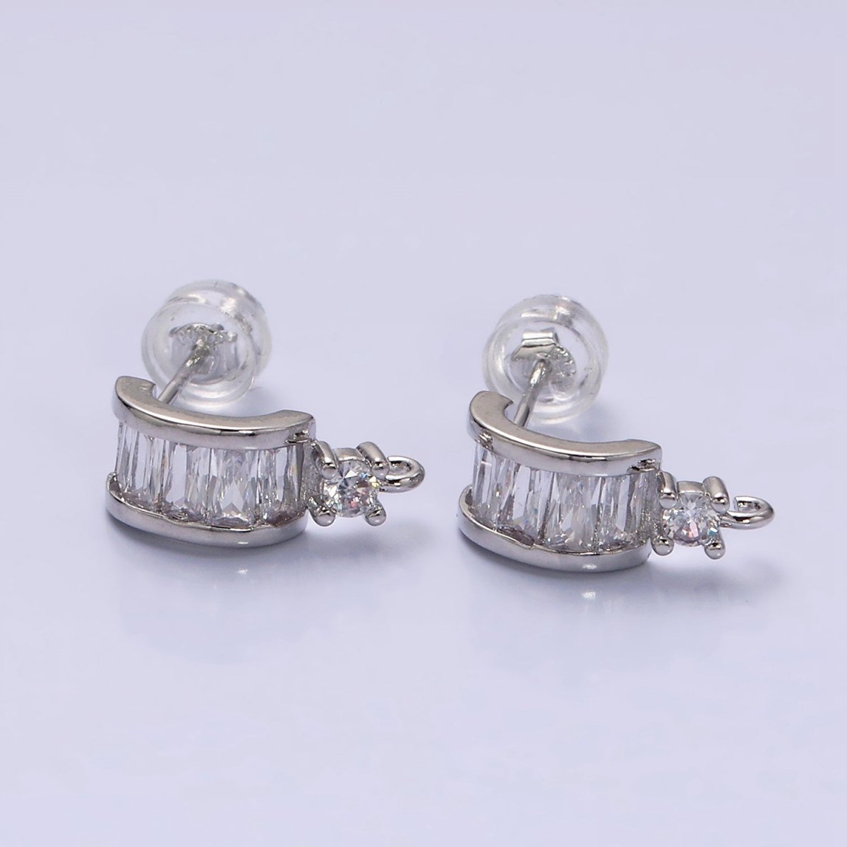 16K Gold Filled Clear Baguette Lined CZ Drop Open Loop C-Shaped Hoop Earrings in Gold & Silver | Z-409 Z-410 - DLUXCA