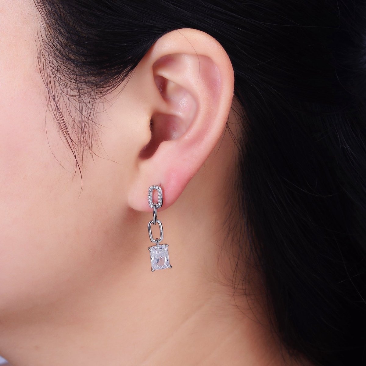 16K Gold Filled Clear Baguette Micro Paved CZ Cable Paperclip Link Drop Stud Earrings in Gold & Silver | Y881 Y882 - DLUXCA