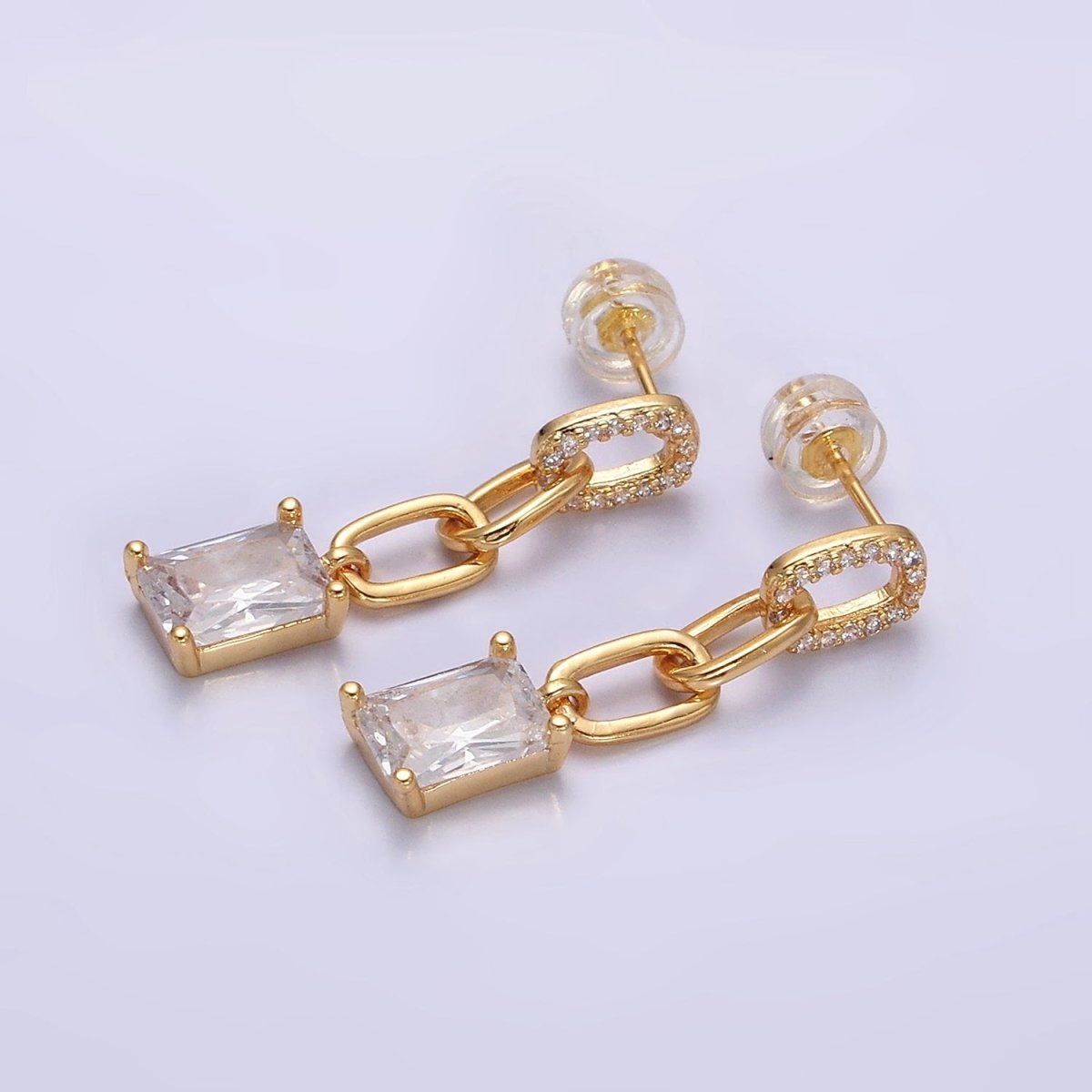 16K Gold Filled Clear Baguette Micro Paved CZ Cable Paperclip Link Drop Stud Earrings in Gold & Silver | Y881 Y882 - DLUXCA