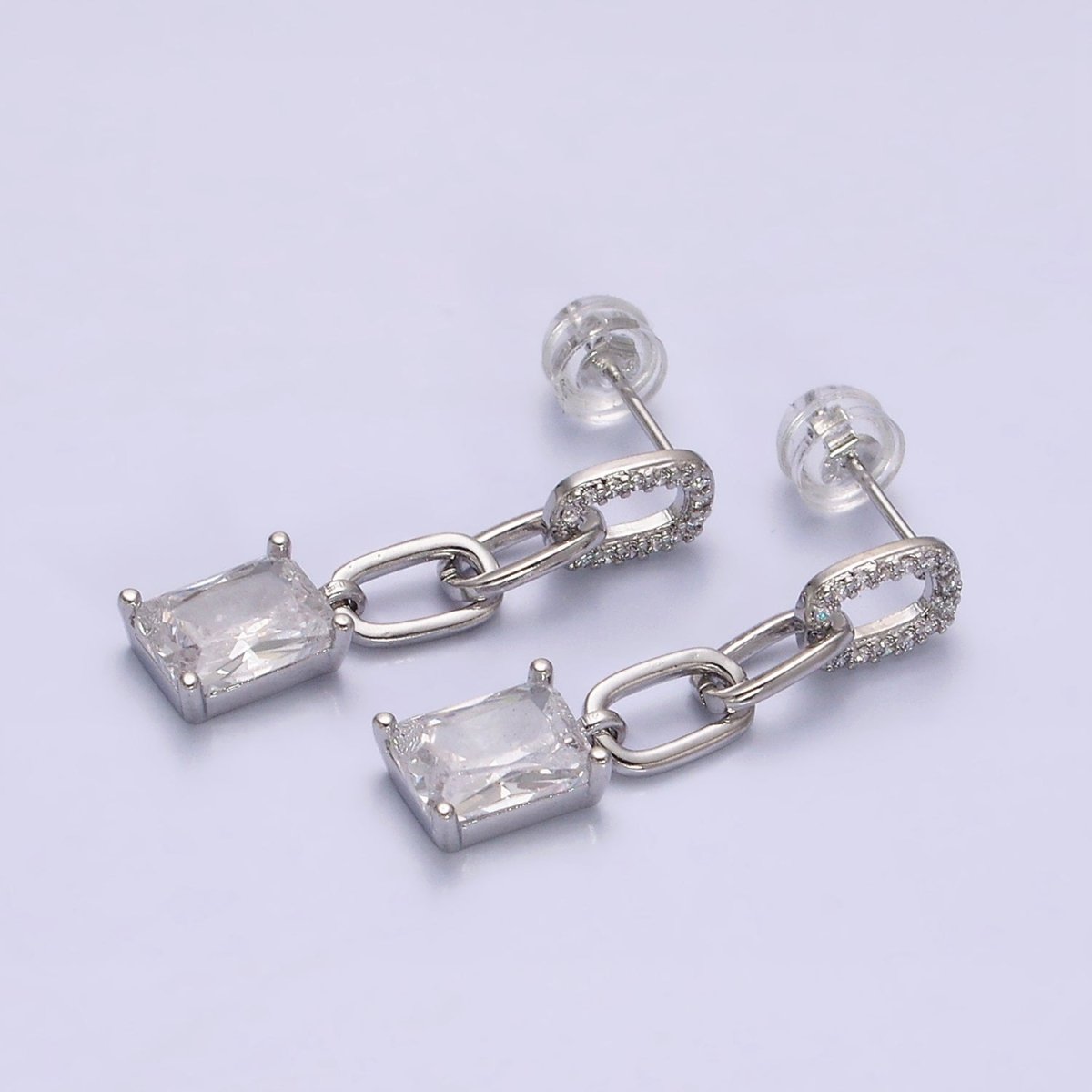 16K Gold Filled Clear Baguette Micro Paved CZ Cable Paperclip Link Drop Stud Earrings in Gold & Silver | Y881 Y882 - DLUXCA