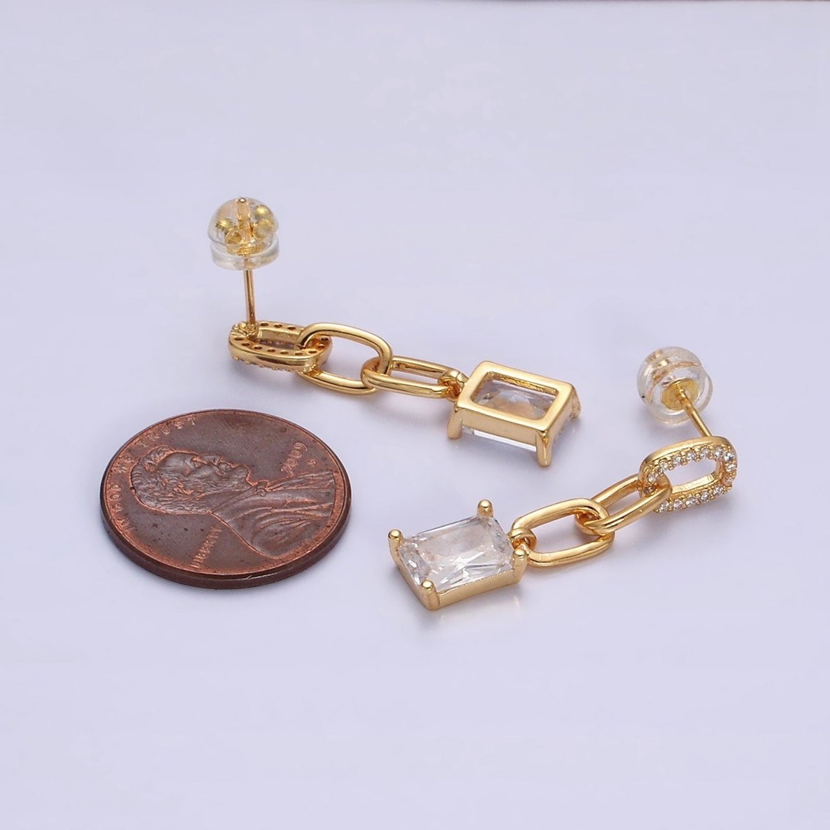 16K Gold Filled Clear Baguette Micro Paved CZ Cable Paperclip Link Drop Stud Earrings in Gold & Silver | Y881 Y882 - DLUXCA